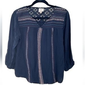 Knox Rose Navy Blue Long-sleeved embroidered Blouse